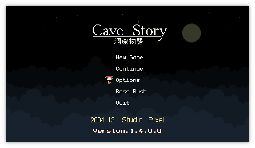 The main menu screen for Cave Story: Tweaked. The five selectable options read: New Game, Continue, Options, Boss Rush and Quit.